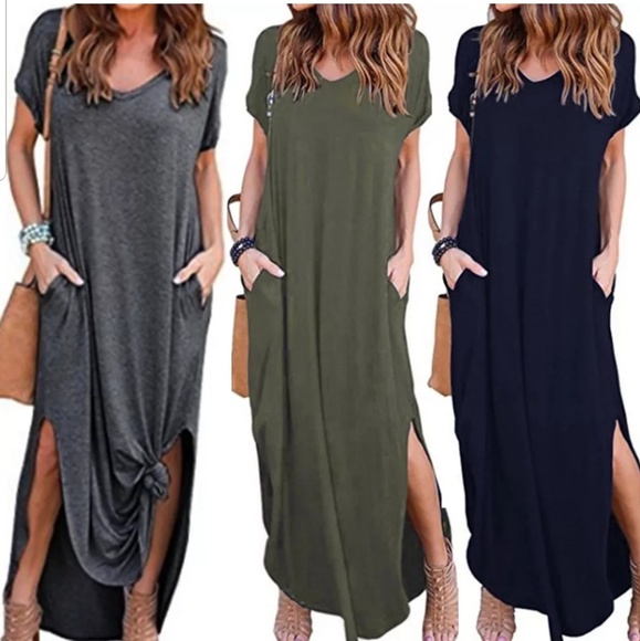 V-neck Short Sleeve Maxi Dress Side Pockets Slit - Picture 3 of 6